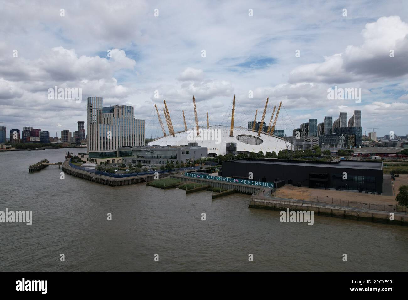 This is  Greenwich Peninsula signLondon O2 arena London UK Aerial Stock Photo