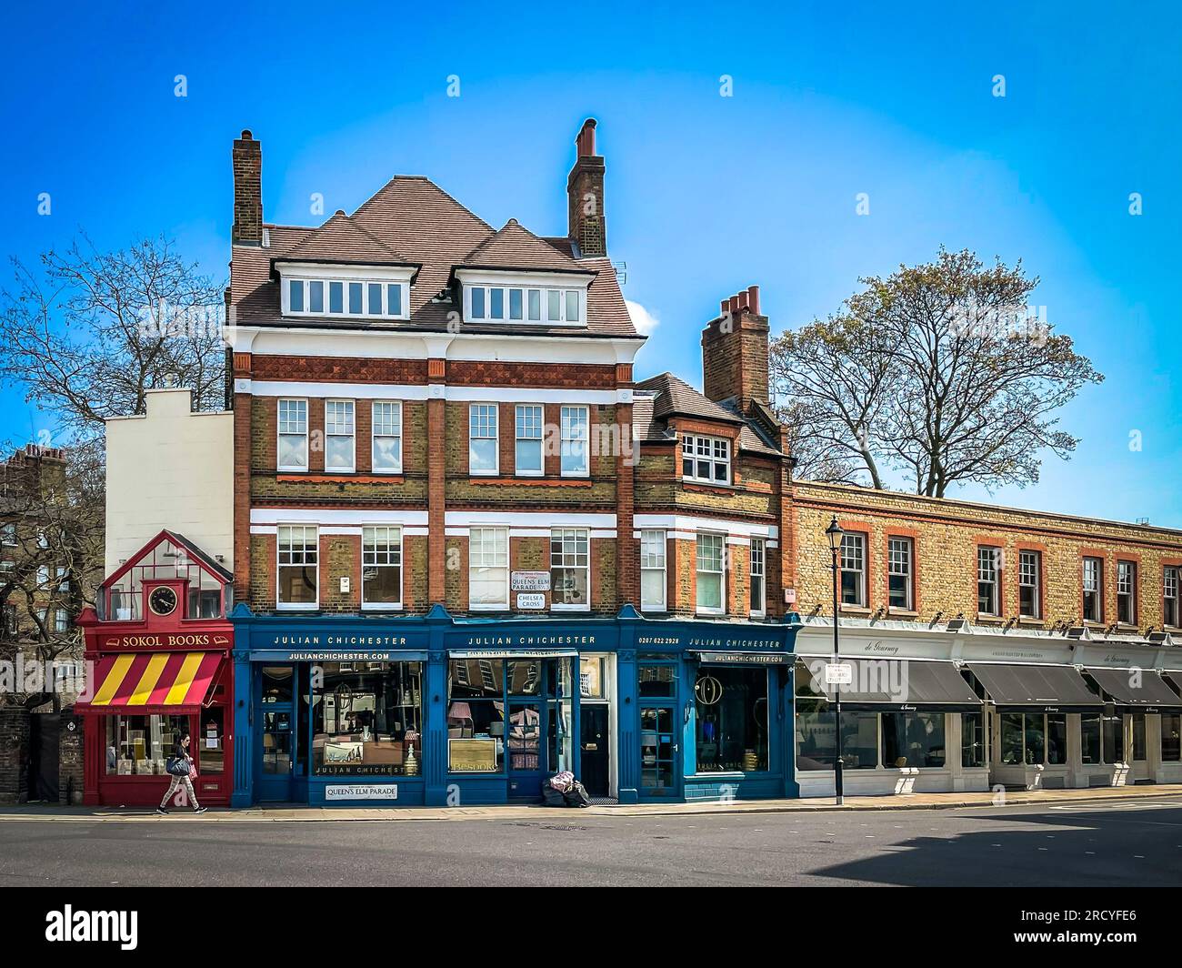 England, United Kingdom, April 2023, view of some store at Queen's Elm Square in the Royal Borough of Kensington and Chelsea Stock Photo