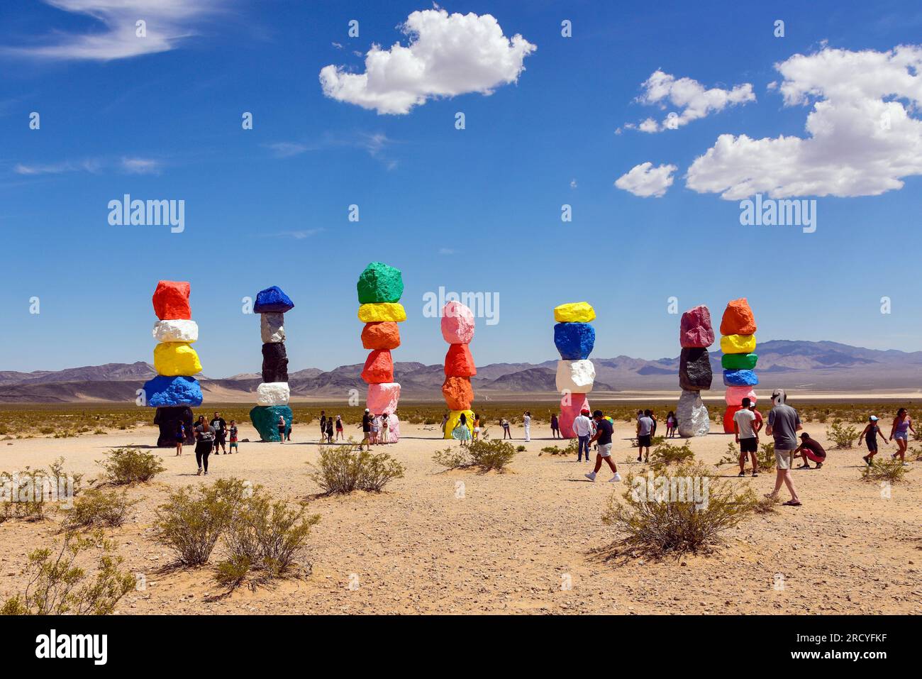 Seven Magic Mountains, a desert art installation featuring 7 painted boulder totems up to 35 ft. high by Ugo Rondinone. Stock Photo