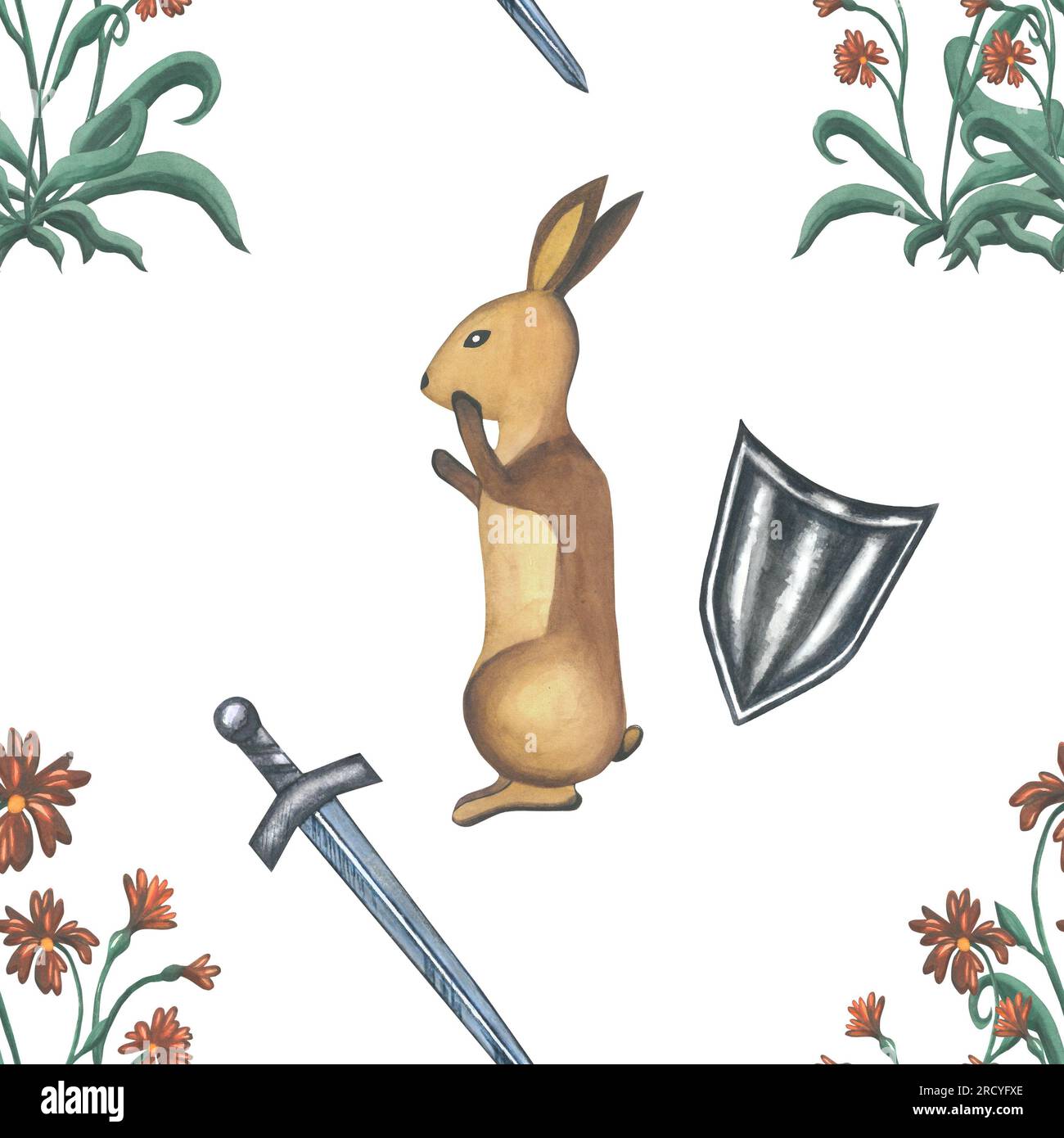 Watercolor illustration in medieval style. Rabbit, flowers, sword and shield are handmade on a white background Stock Photo