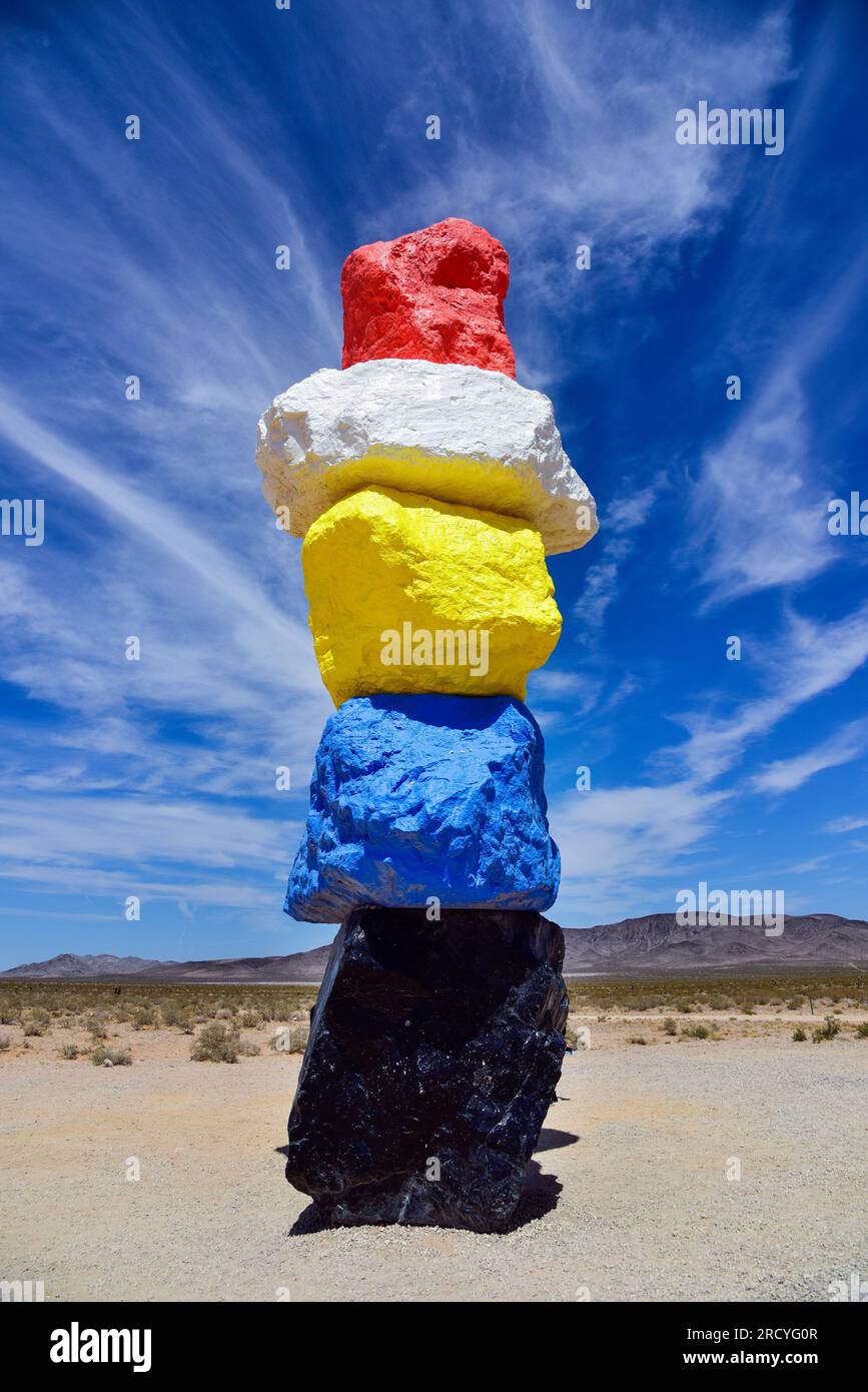 Seven Magic Mountains, a desert art installation featuring 7 painted boulder totems up to 35 ft. high by Ugo Rondinone. Stock Photo