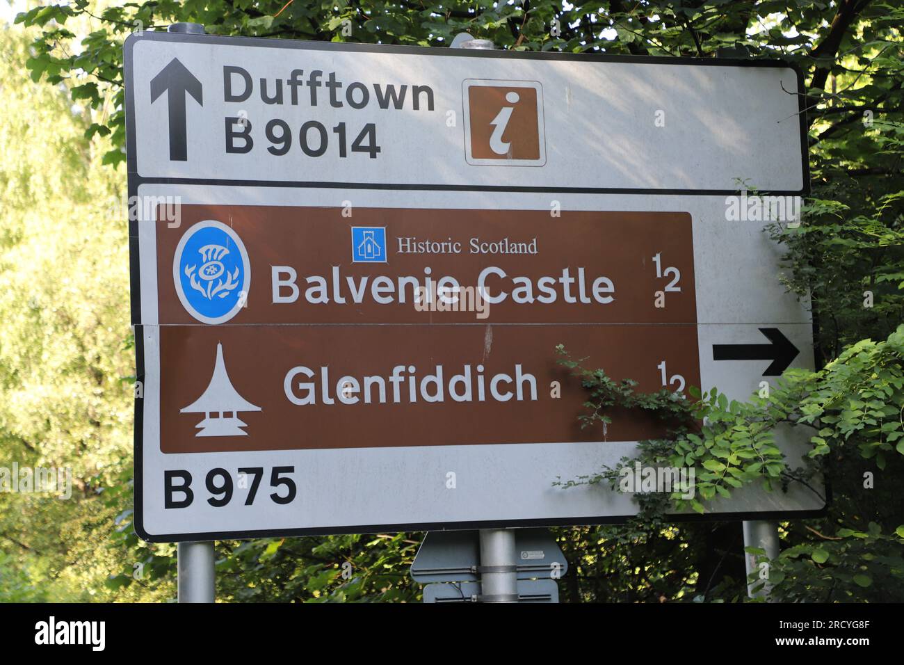 Tourism sign for Dufftown, Balvenie Castle and Glenfiddich Distillery ...