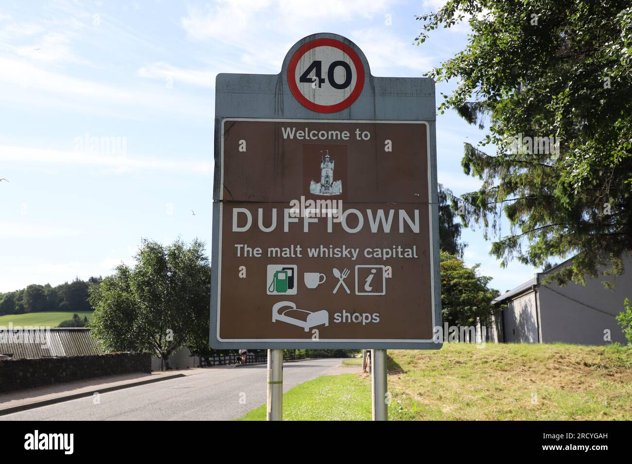 Welcome to Dufftown - The Malt Whisky Capital sign Dufftown Scotland  July 2023 Stock Photo