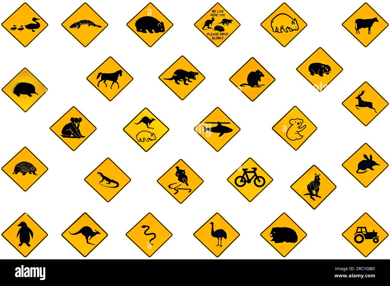 Australian warning road signs from Australia highways. Wildlife animals: Emu, Echidna, Tasmanian Devil, Wombat, Kangaroo, Penguin, Shark, Ducks Snake Stock Photo