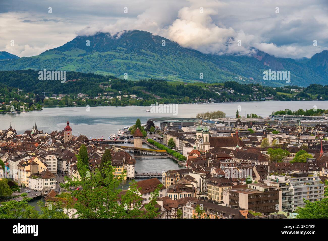 Lucerne (Luzern) Switzerland, high angle view city skyline at Chapel Bridge, Reuss River and Lake Lucerne Stock Photo