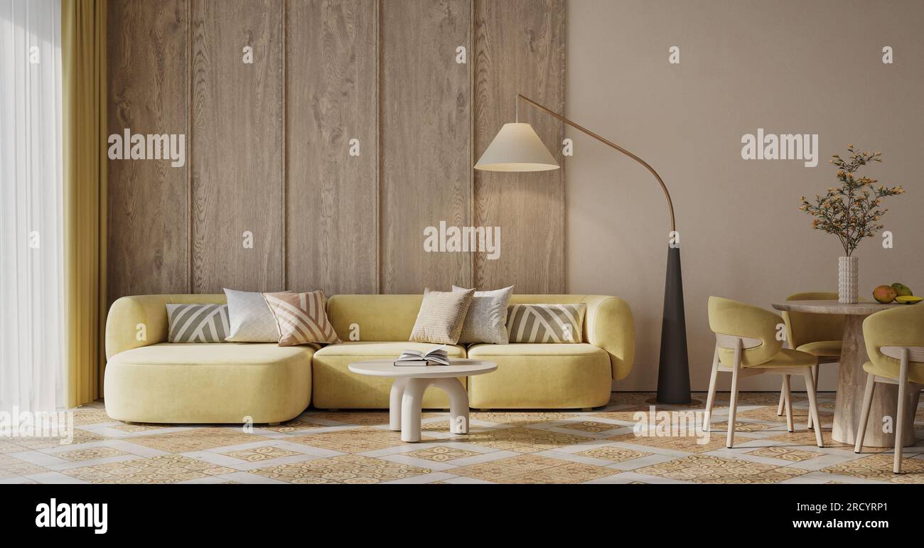 Cozy living room interior with wood wall panels. Interior mockup Stock ...
