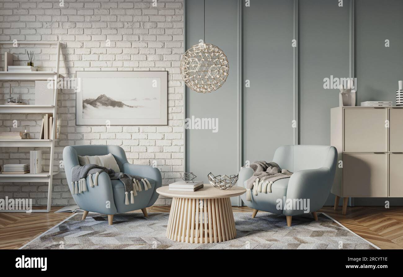 Bright living room interior with birk walls and cozy furniture Stock