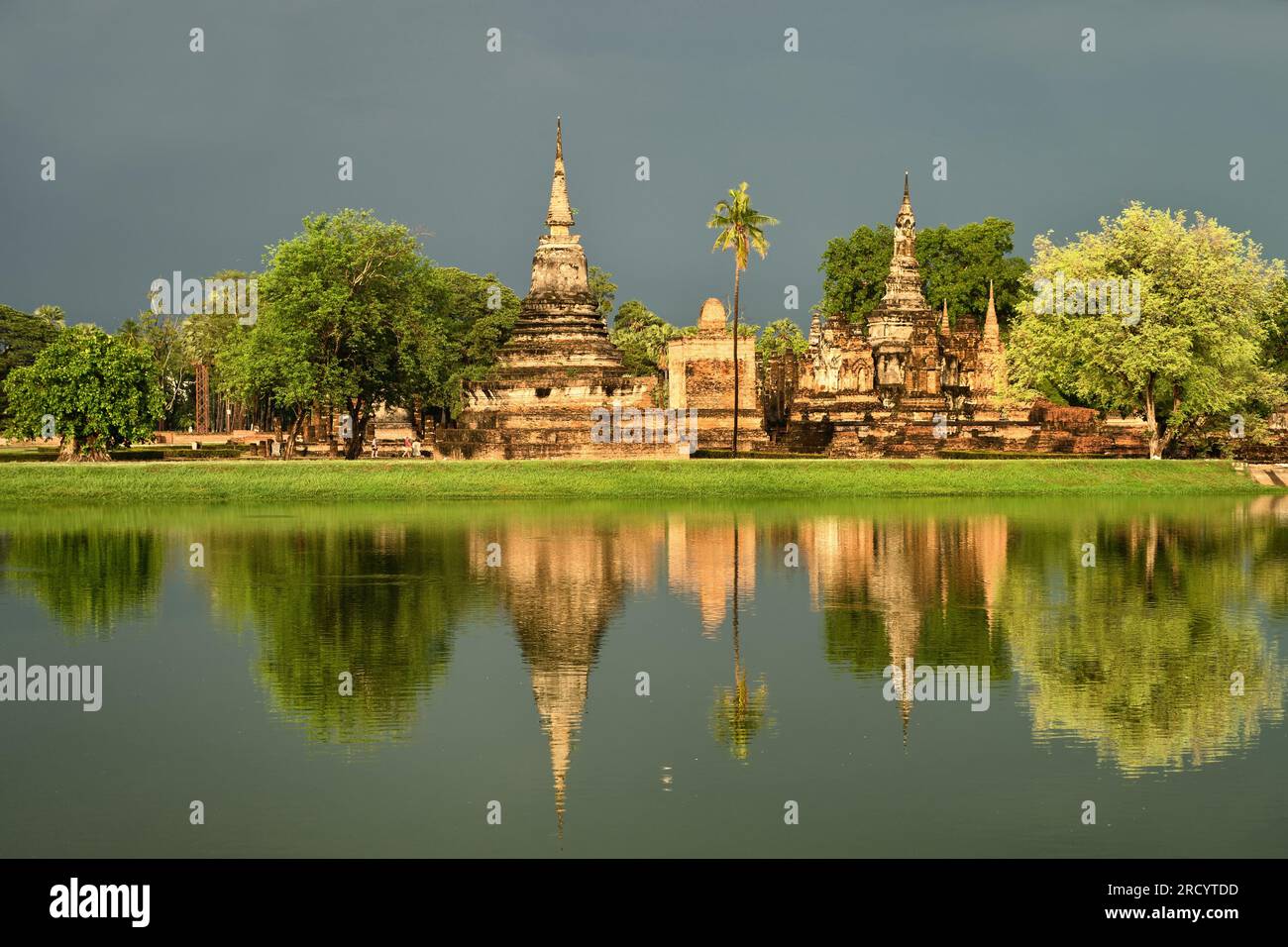 Ancient city and culture of south Asia Thailand, Sukothai historical park Wat Sa Si Stock Photo