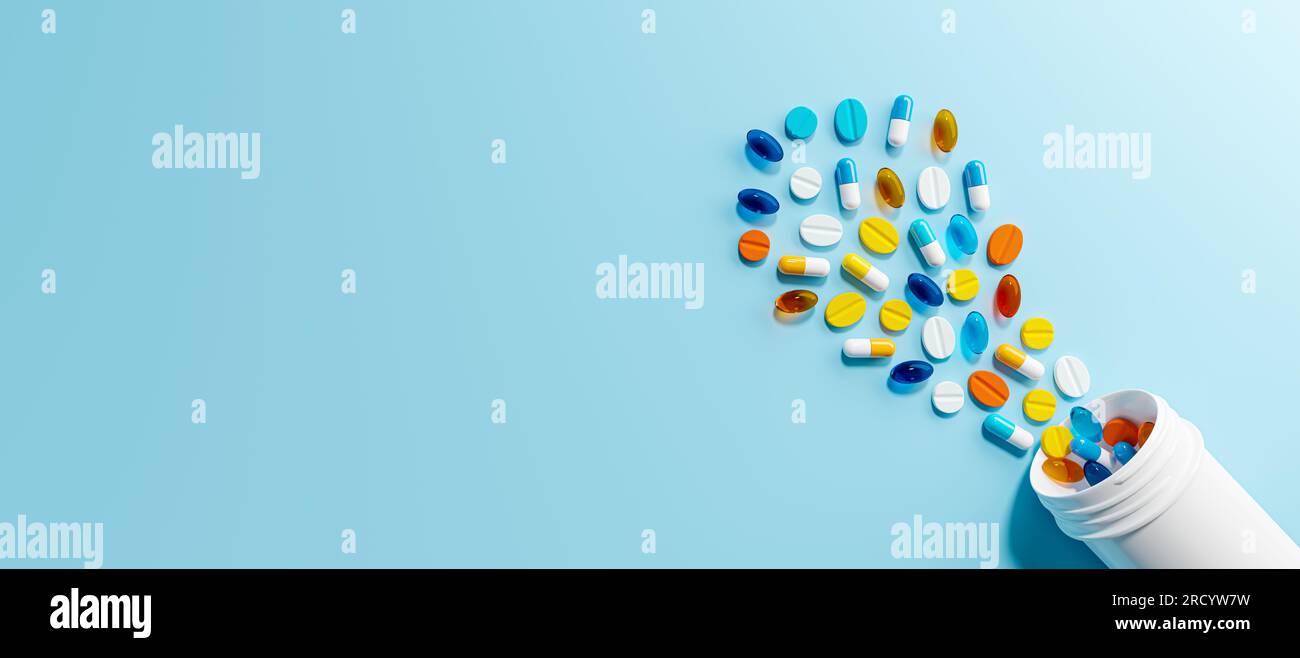 Medical tablets, capsules, and pills pouring out of a container, arranged with small gaps. Abstract background related to medication therapy. Template Stock Photo