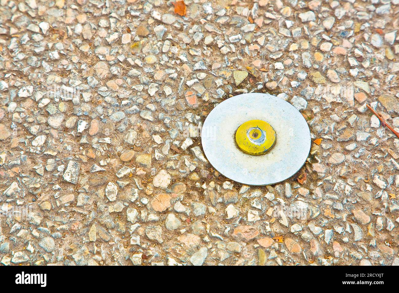 Metal survey point fixed on concrete used for centering the theodolite