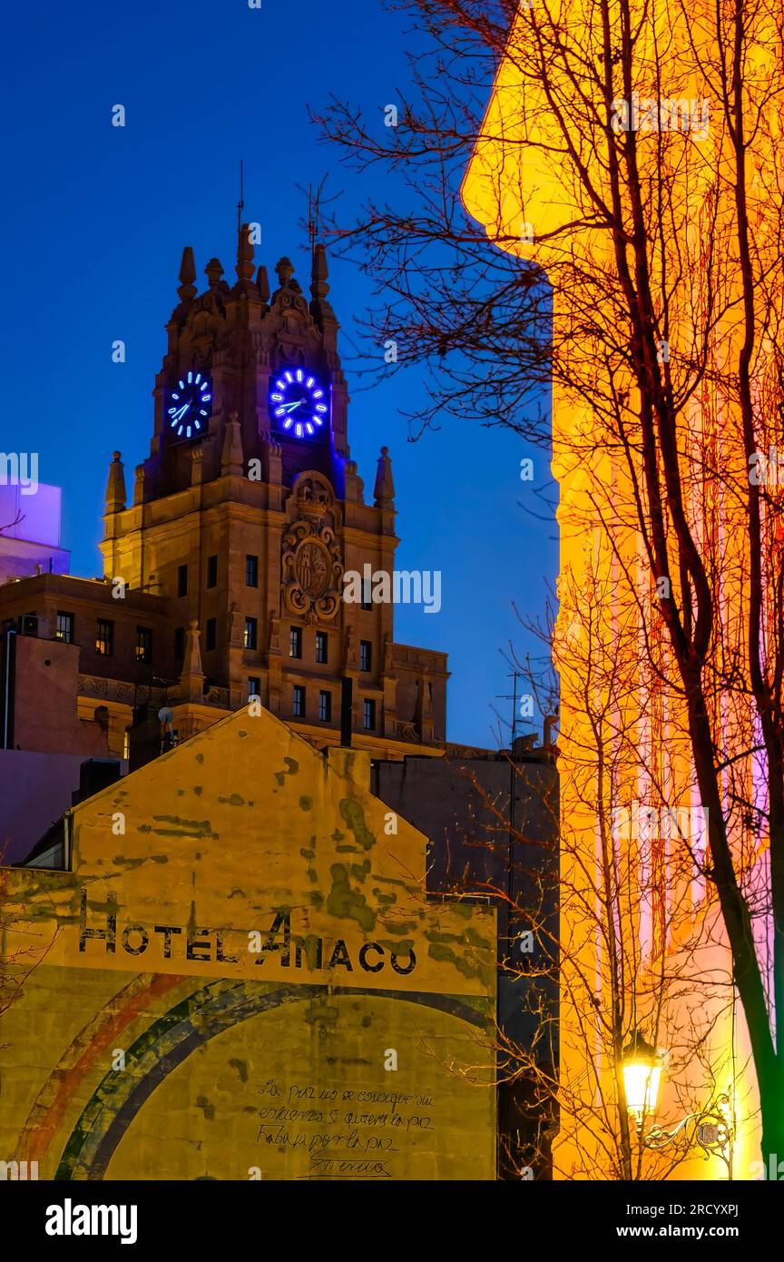 Building architecture and night scene in Madrid, Spain. Madrid is the