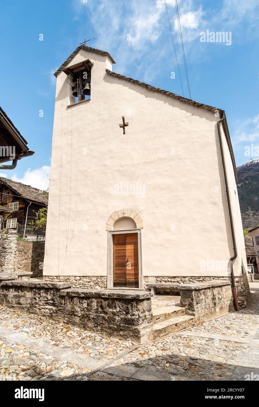 The church of Sant Ambrogio, is a Romanesque religious building in Chironico, a hamlet in the municipality of Faido, Ticino, Switzerland Stock Photo