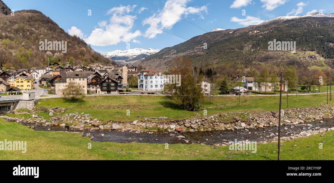 View of the small village Chironico, is a fraction of the municipality of Faido, in the Canton of Ticino, district of Leventina, Switzerland Stock Photo