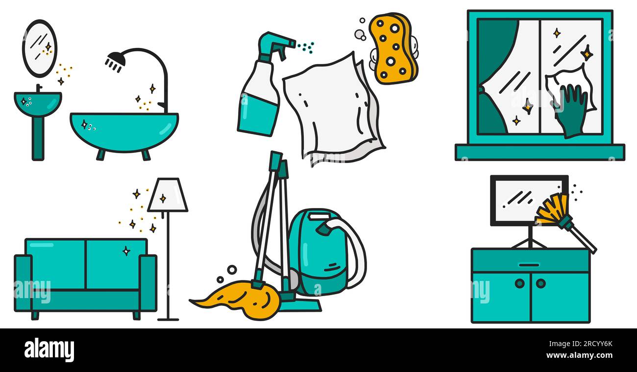 Set of Housekeeping Cleaning Tools Icons Illustration, Doodle Line Art