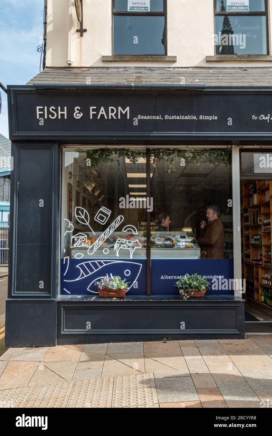 An exterior view of he Fish and Farm fishmonger and delicatessen in Newcastle, Co. Down, Northern Ireland, UK Stock Photo