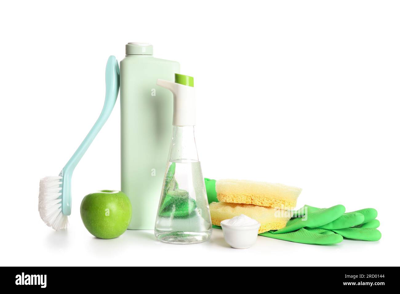 Bottles of vinegar, detergent, baking soda and cleaning supplies on