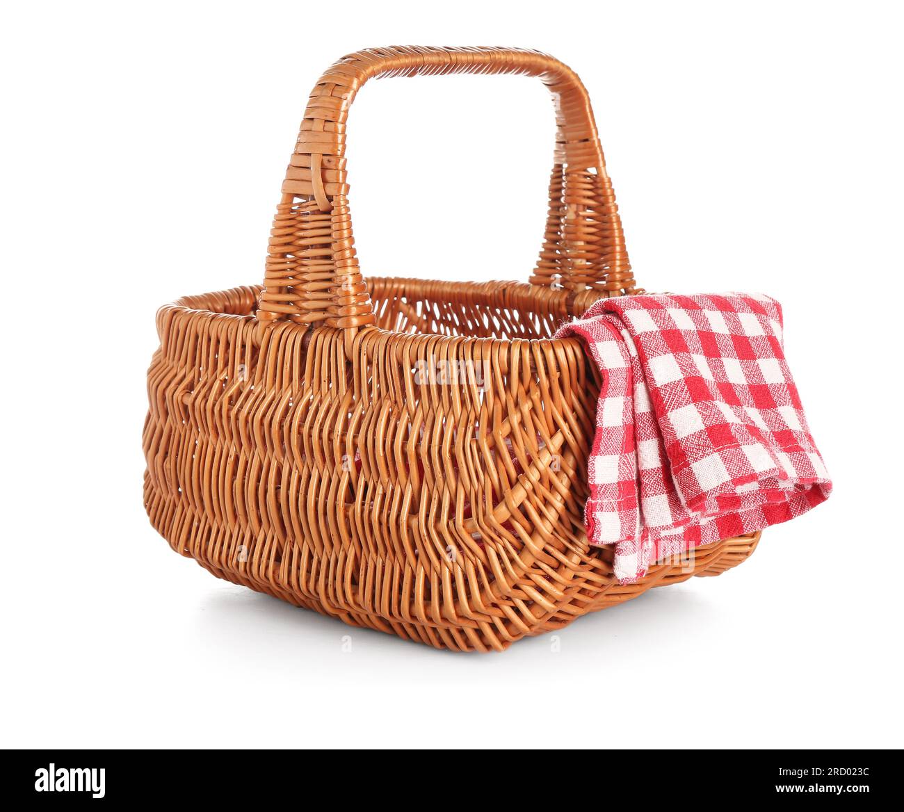Wicker picnic basket and clean napkin on white background Stock Photo ...