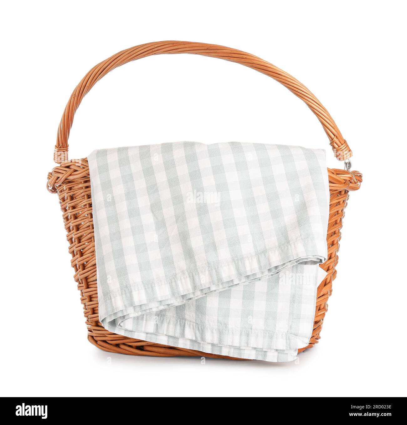 Wicker picnic basket with clean napkin isolated on white background ...