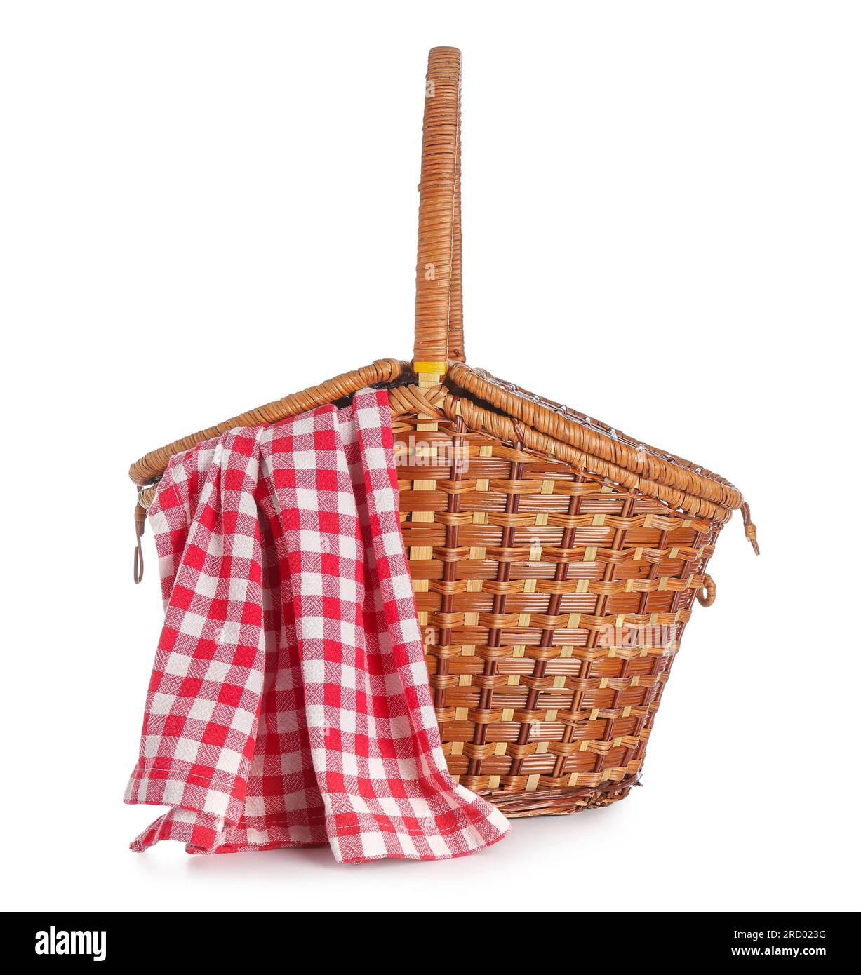 Wicker picnic basket with red checkered napkin on white background ...