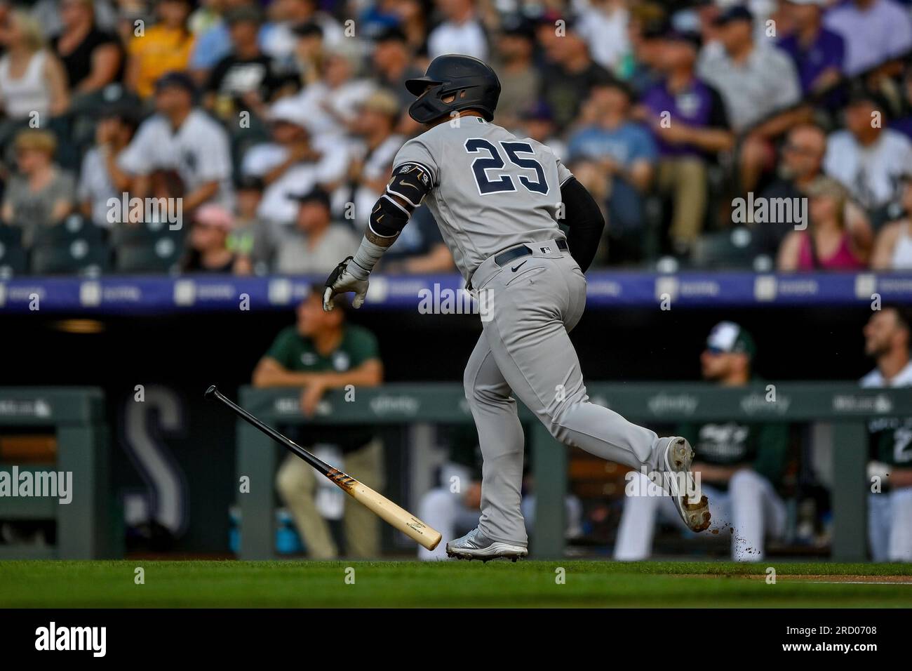 DENVER, CO - JULY 15: New York Yankees second baseman Gleyber Torres (25)  runs after hitting a first inning triple during a game between the New York  Yankees and the Colorado Rockies