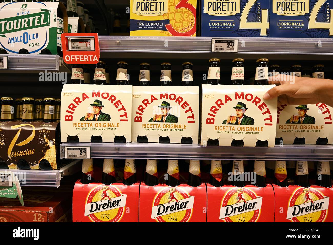 Birra Moretti Italian beer in a supermarket Stock Photo