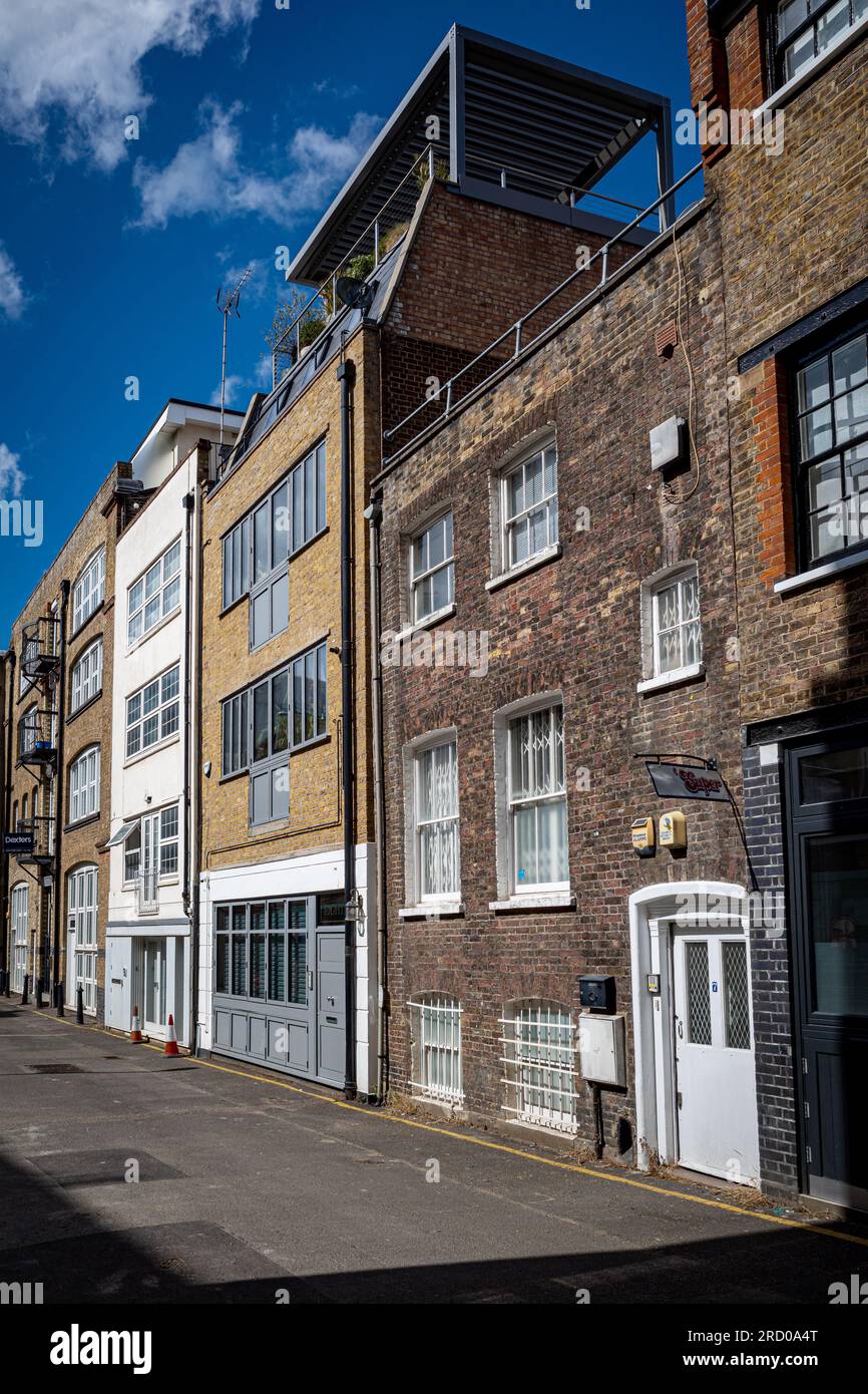 Tottenham Mews Fitzrovia London. Located off Charlotte Street in London's Fitzrovia district. Part of the Charlotte Street Conservation Area. Stock Photo
