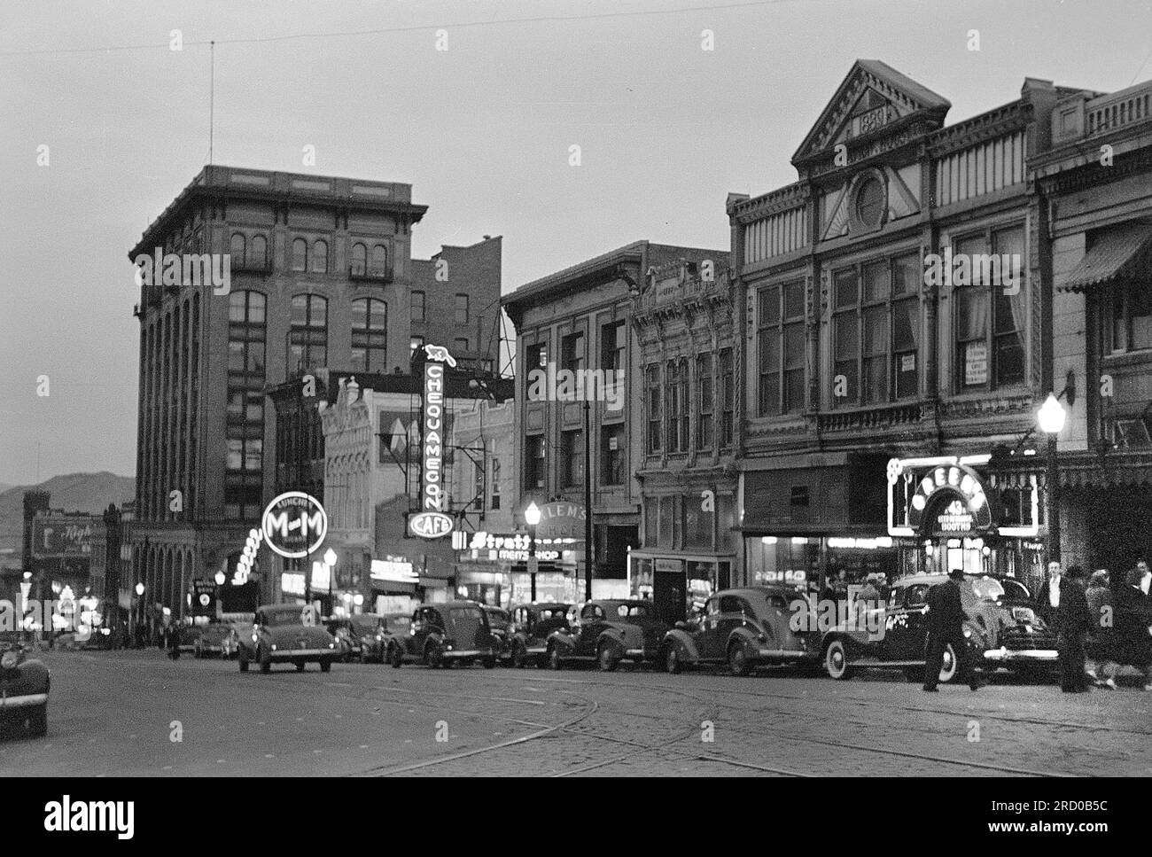 Street scene at night, Butte, Montana, USA, Arthur Rothstein, U.S. Farm