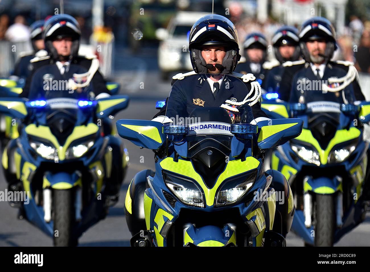 National Gendarmerie officers on their motorbikes parade at the Old Port of  Marseille during the National Day military parade. Motorized military  parade on the Old Port of Marseille on the occasion of
