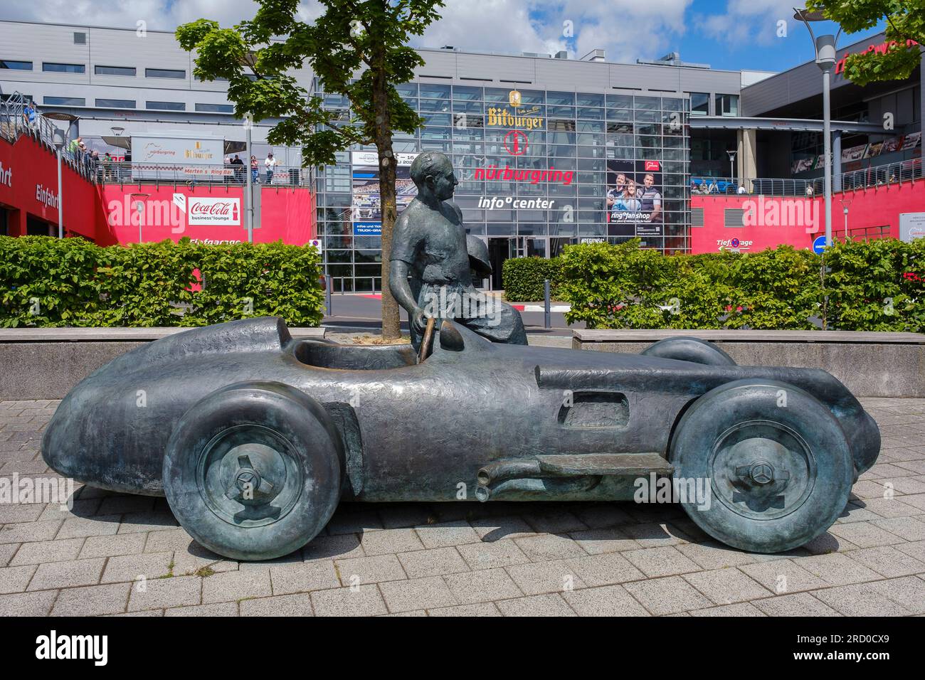 Monument to the automobile racing driver Juan Manuel Fangio at the entrance to the Nuerburgring. Stock Photo