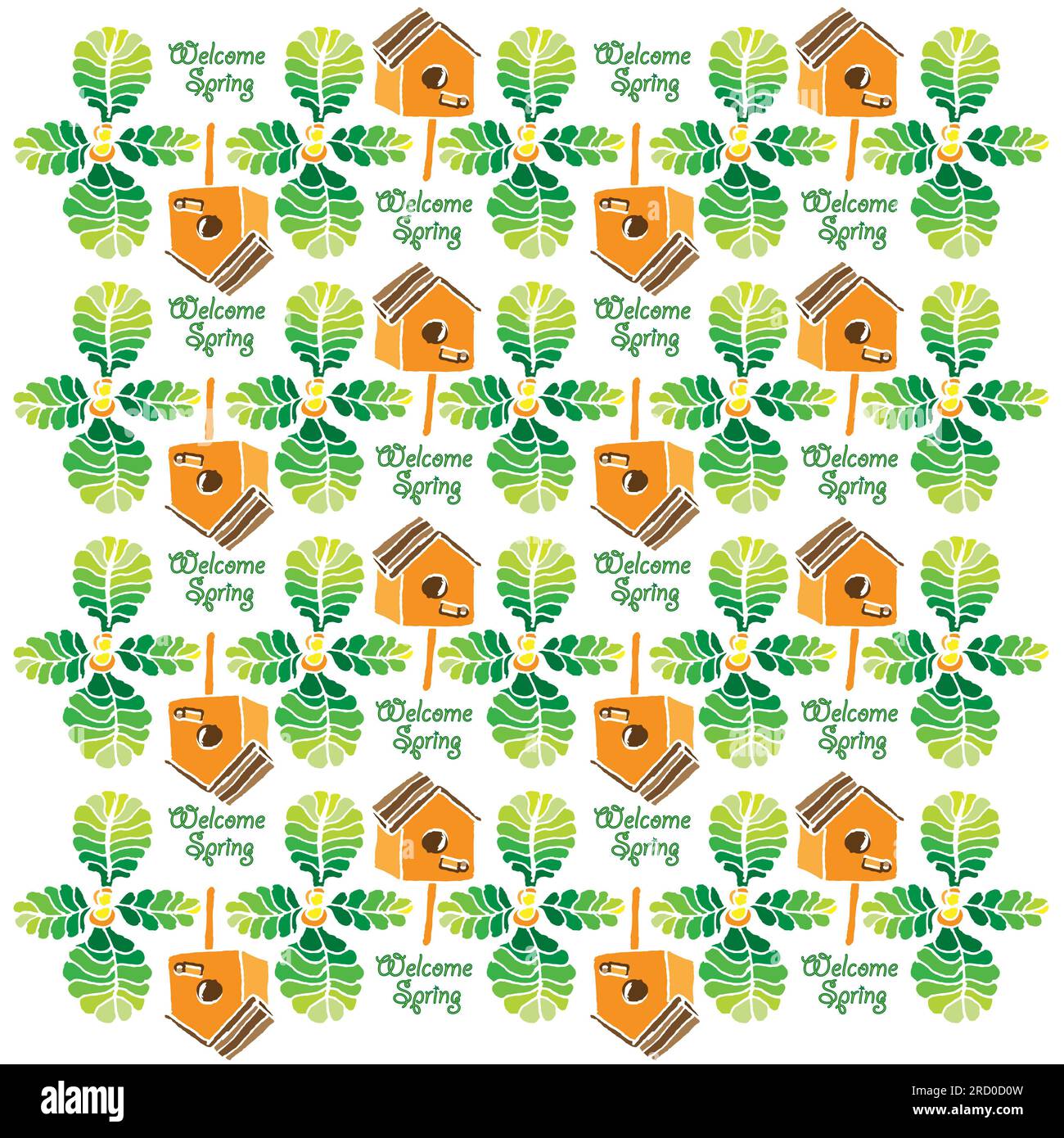 welcome spring mummy and green leaves pattern isolate, vector, illustration Stock Photo