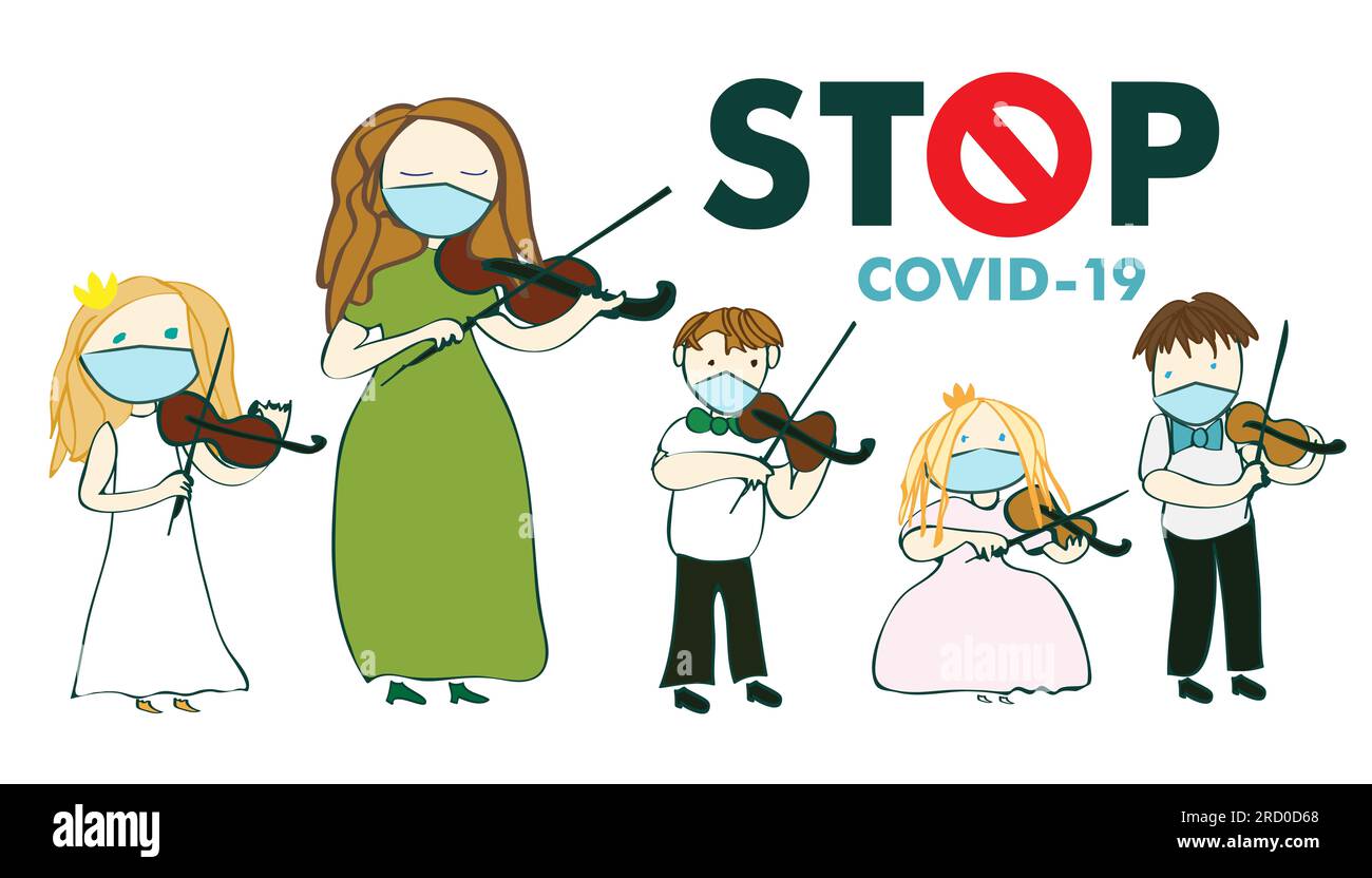 Covid 19, coronovirus, teacher and young children violinists play the violin on a white background, vector, illustration, music lessons, tell stop cor Stock Photo