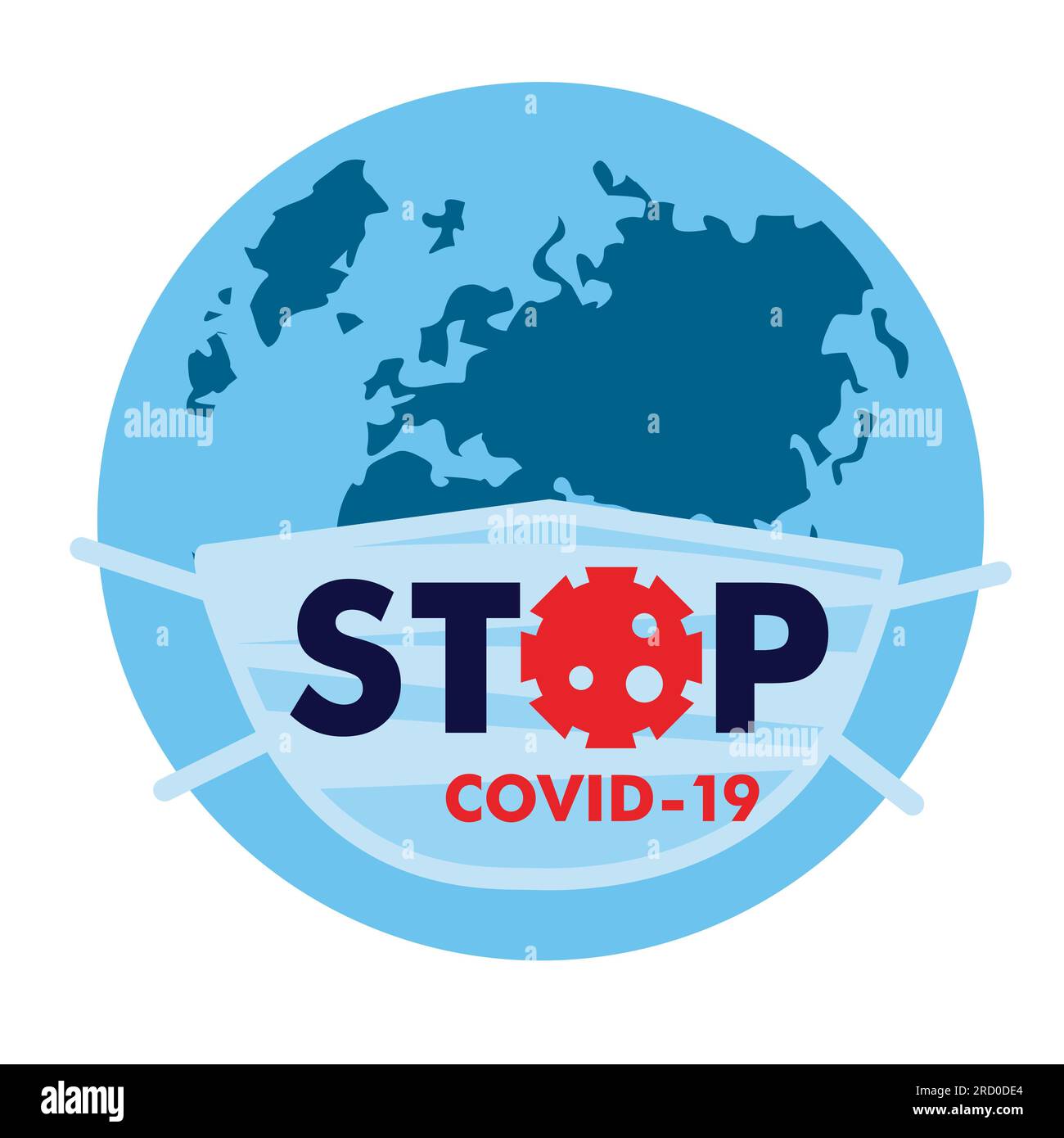 medical protective mask with the text Stop Coranovirus Covid worn on a globe with a map of Europe and Asia. Vector, illustration, isolate, on a white Stock Photo
