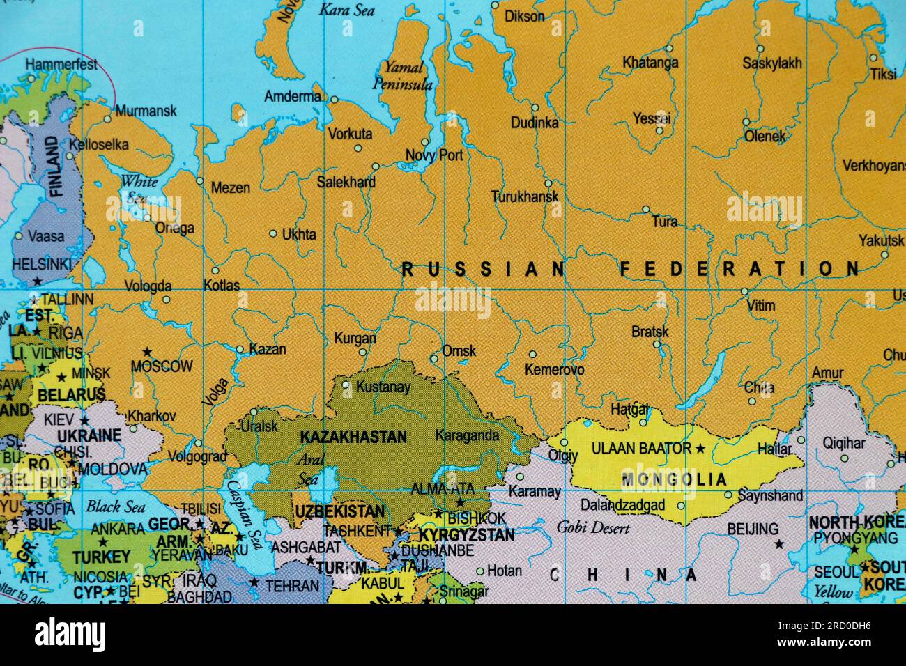 world map of russian federation and country borders, ukraine, kazakhstan in close up focus Stock Photo