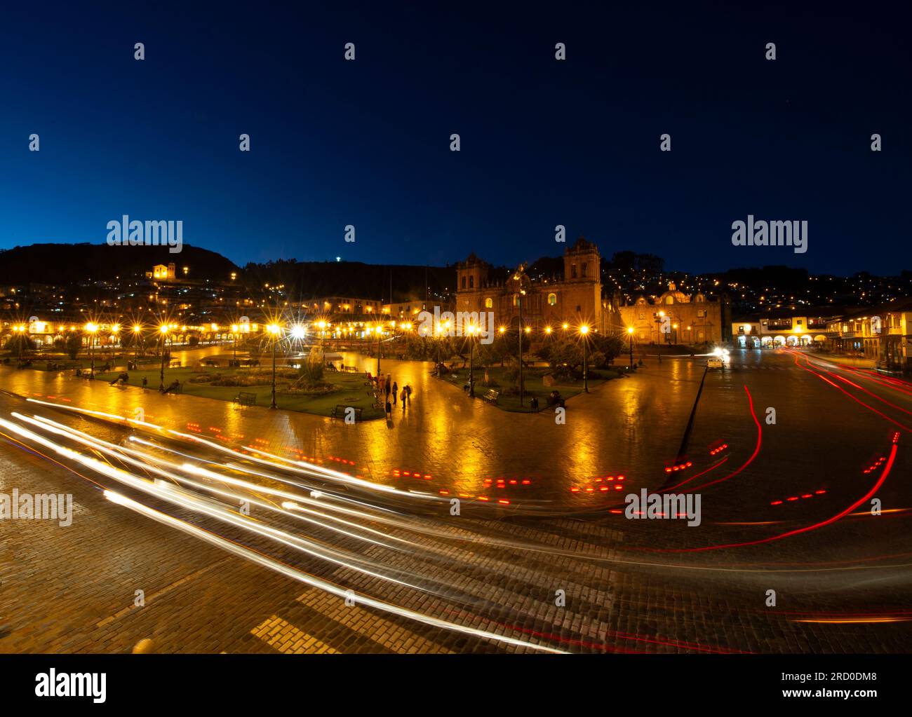 Night photography in Town Center of Cusco, Peru. Stock Photo
