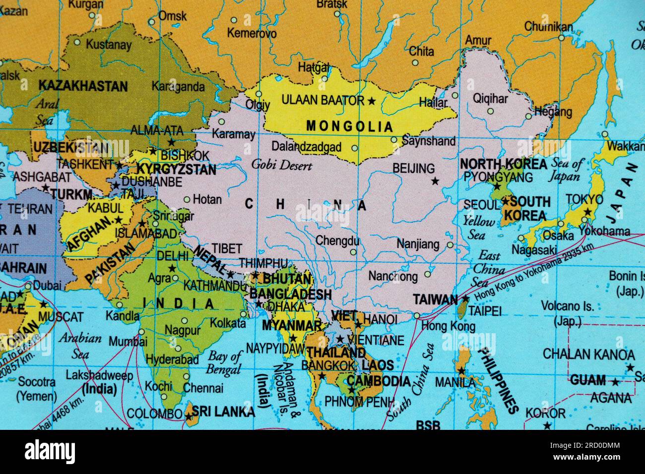 world map of asia and country borders, india, pakistan, china, mangolia in close up focus Stock Photo