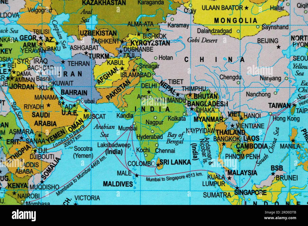 world map of asia continent and country borders, india, pakistan, china, mangolia in close up focus Stock Photo