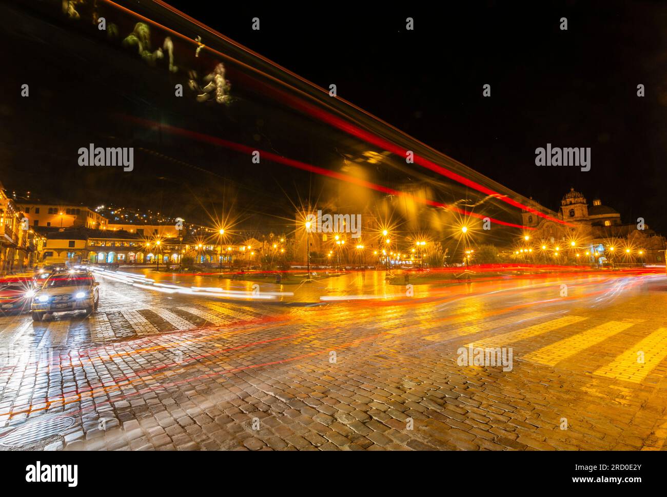 Night photography in Town Center of Cusco, Peru. Stock Photo