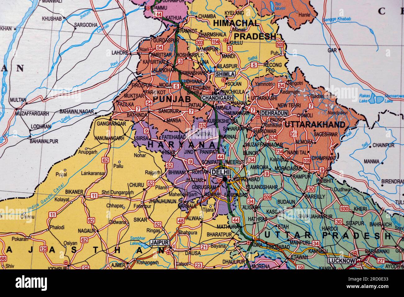 north india map with state borders, delhi, punjab, haryana in close up Stock Photo
