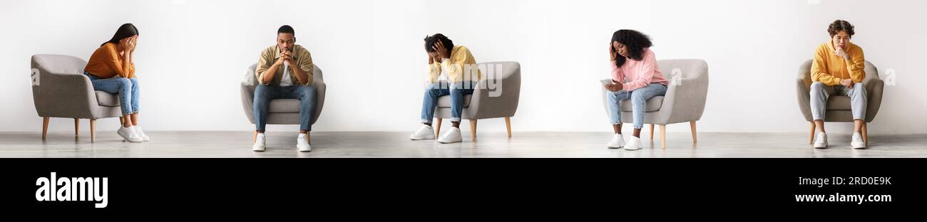 Collage With Unhappy Multiethnic Young People Suffering From Depression Indoors Stock Photo