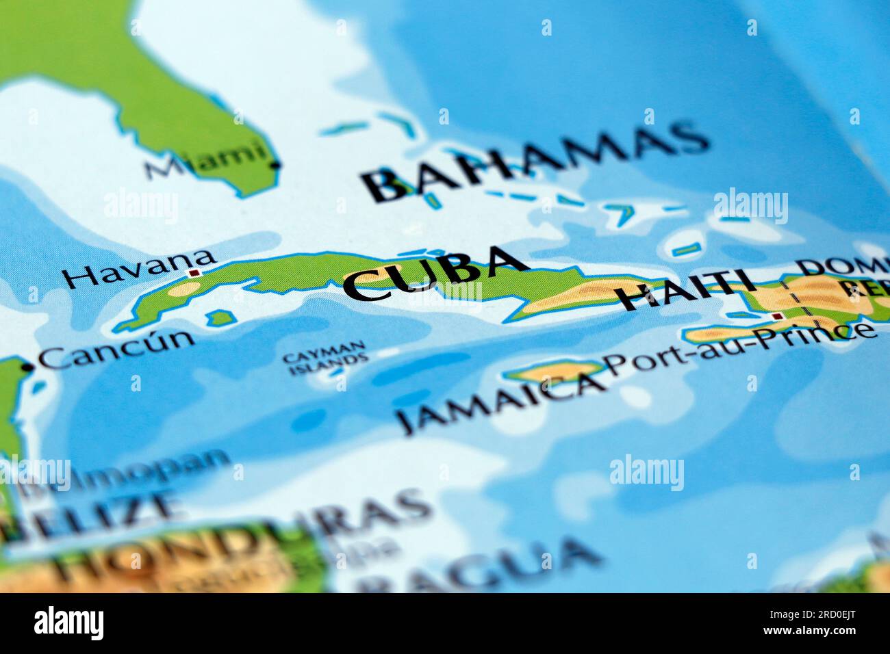 world map of cuba and focus in all border with miami, bahamas, havana, haiti and jamaica Stock