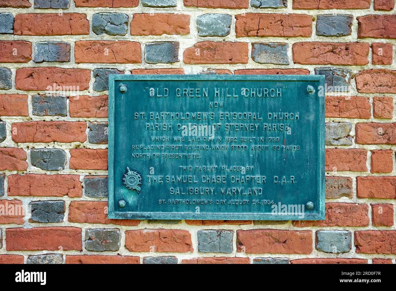 Historical plaque. Originally known as Old Green Hill Church, St. Bartholomew's Episcopal Church  is located near Quantico, Maryland USA. Stock Photo
