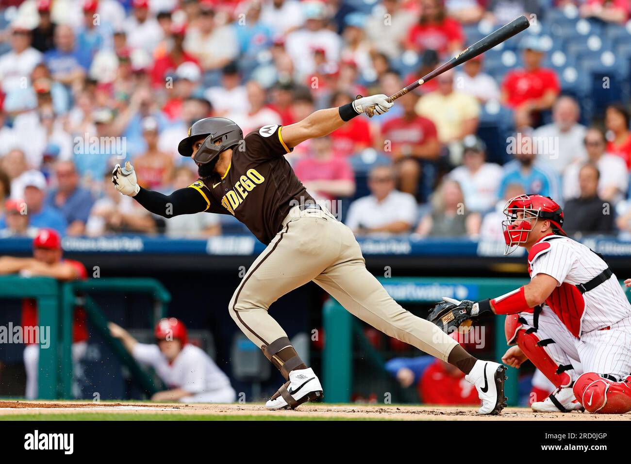 PHILADELPHIA, PA - JULY 14: Fernando Tatis Jr. #23 of the San Diego Padres  at bat during the game against the Philadelphia Phillies at Citizens Bank  Park on July 14, 2023 in