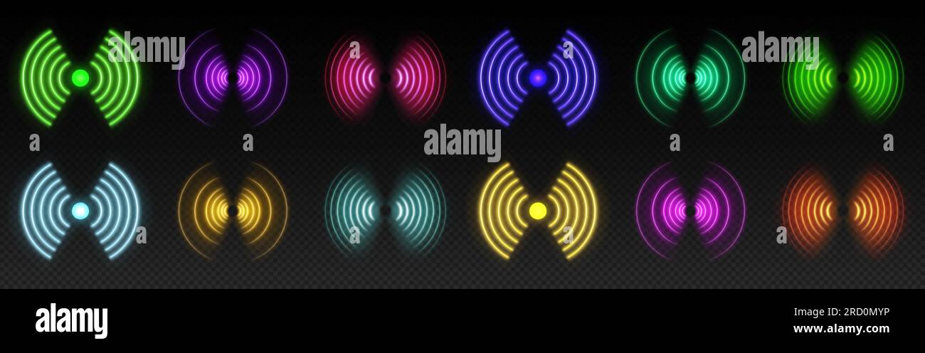 3d wifi neon light symbol technology vector effect. Abstract wireless wave sign glow icon. Sound scan echolocation line concept. Futuristic radial mobile phone spot disc. Concentric sonar antenna Stock Vector
