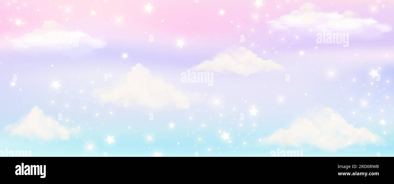 Pink sky background with clouds and stars. Pastel color abstract dreaming illustration. Magic heaven wallpaper. Cute unicorn landscape. Vector Stock Vector