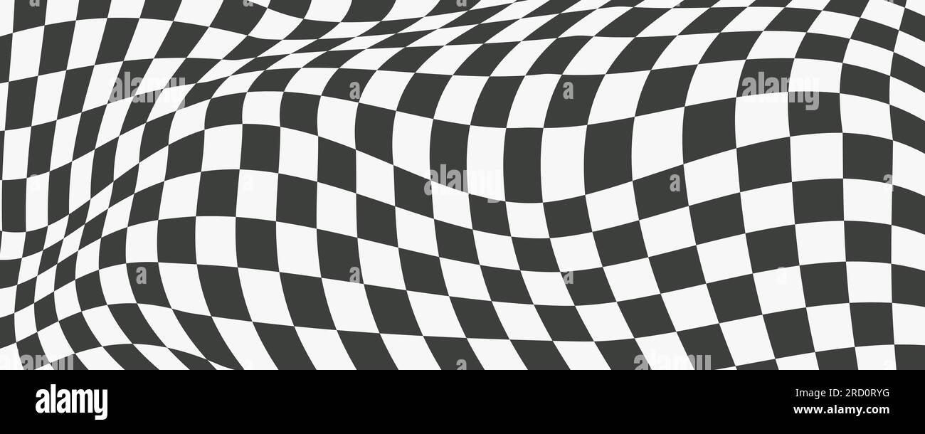Checkerboard wavy pattern. Abstract chess square print. Black and white psychedelic optical illusion. Warped flag with geometric graphic. Y2k design Stock Vector