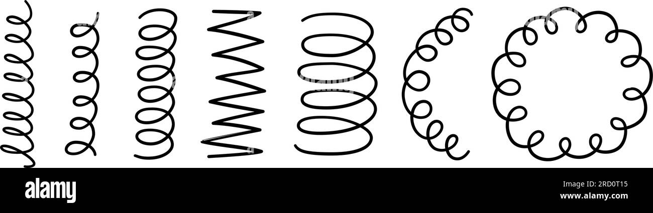 Hand drawn spiral springs set. Doodle flexible coils, wire spring symbols. Metal coil spiral icons. Vector illustration isolated on white background Stock Vector