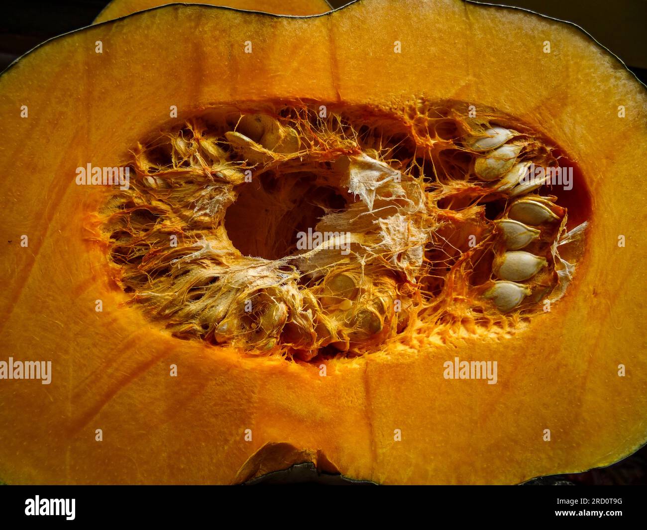 Food close up of pumpkin sliced for sale showing seeds Stock Photo