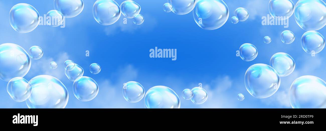 Light soap bubbles flying in blue sky. Abstract background with transparent iridescent balloons floating in air with soft white clouds, vector realistic illustration Stock Vector