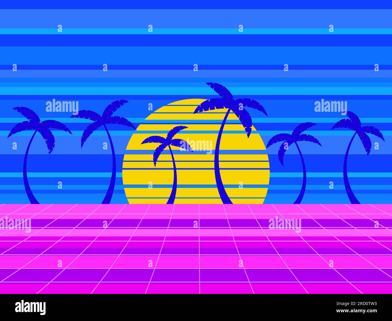 Retro sci-fi background with retro sun, palm trees and 80s style ...