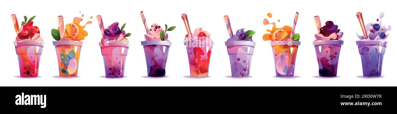 Set of soft summer drinks in a plastic Cup to take away. Iced coffee, Iced  Latte and tea. Colorful vector illustration in sketch style. Stock Vector